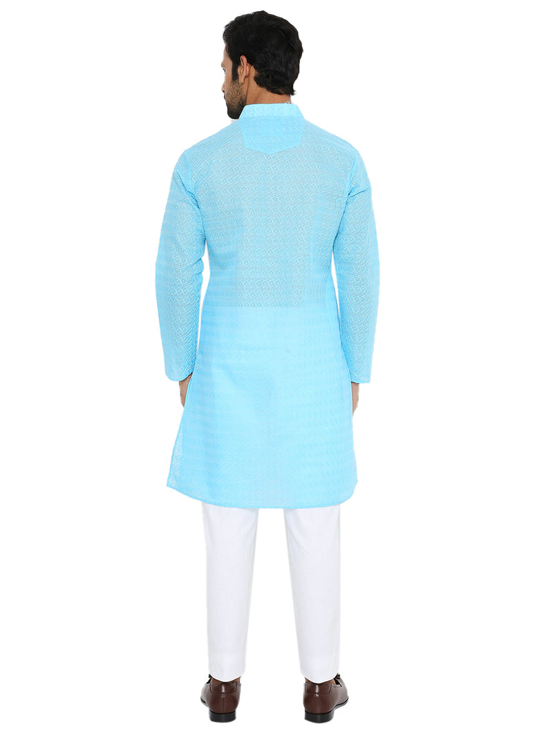 DARK FIROZI BLUE KURTA WITH BOX LEAF EMBRIODERY