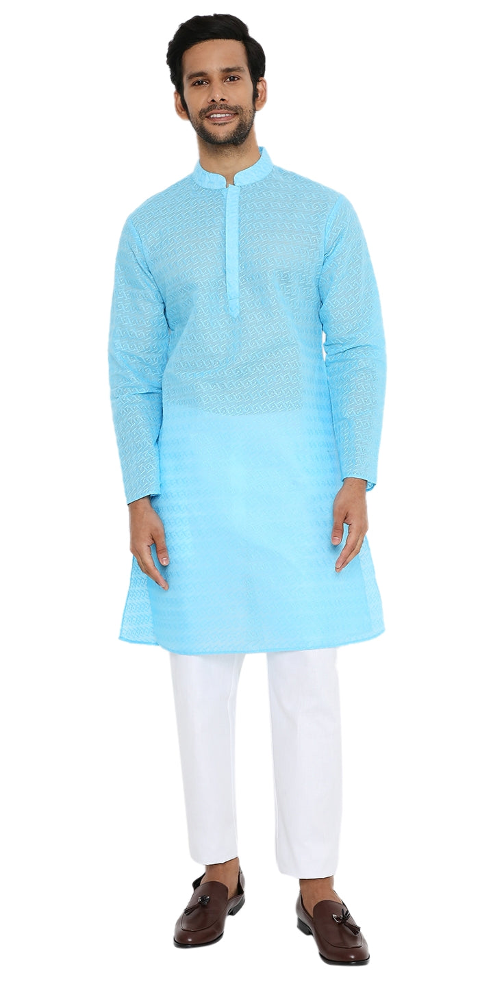 DARK FIROZI BLUE KURTA WITH BOX LEAF EMBRIODERY