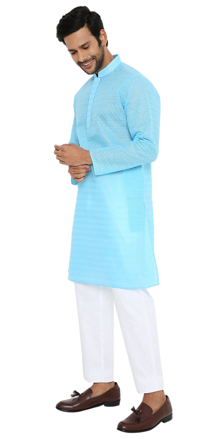 DARK FIROZI BLUE KURTA WITH BOX LEAF EMBRIODERY