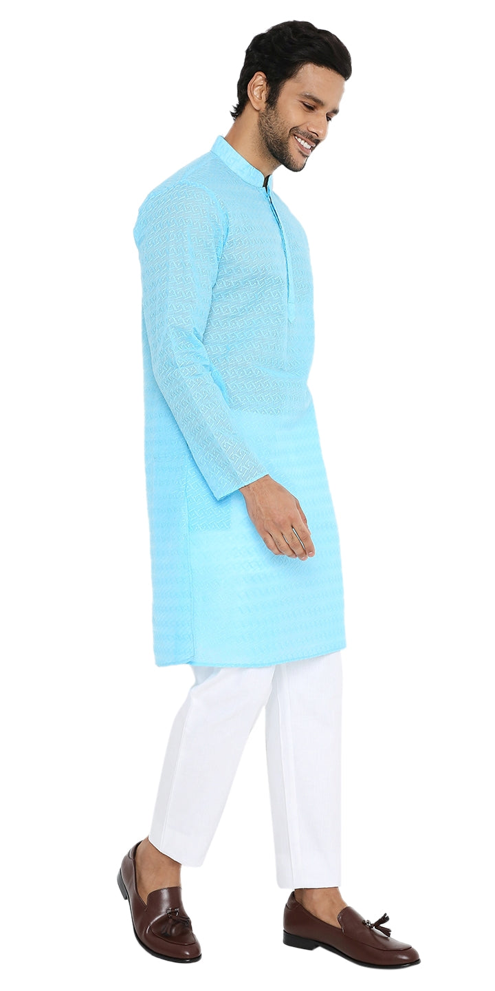 DARK FIROZI BLUE KURTA WITH BOX LEAF EMBRIODERY