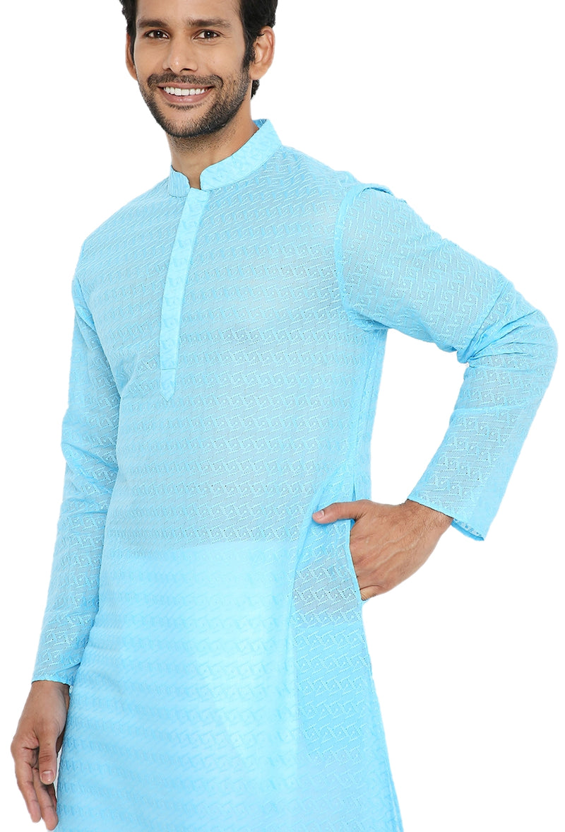 DARK FIROZI BLUE KURTA WITH BOX LEAF EMBRIODERY