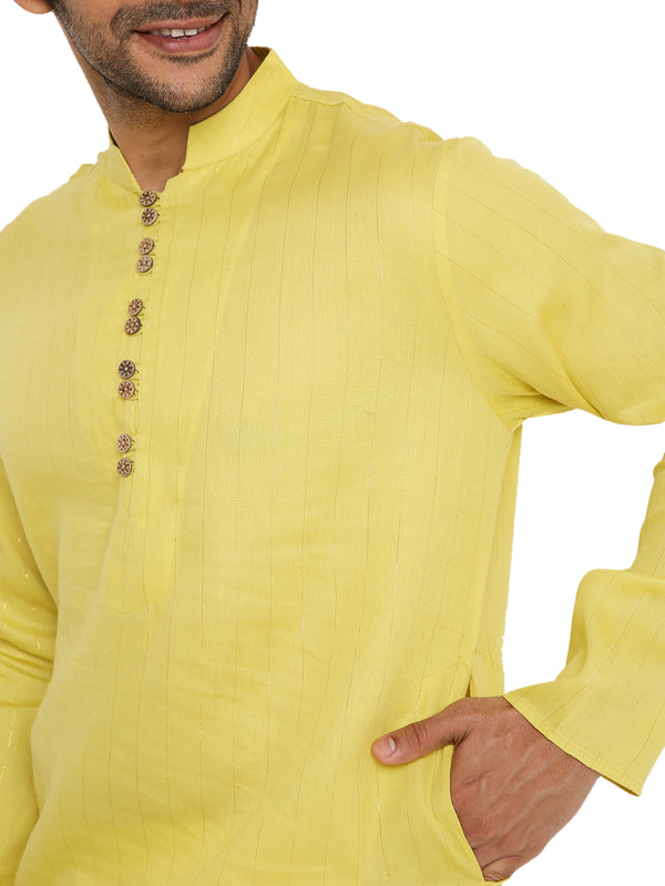 LIME GREEN COTTON ZARI KURTA WITH YOKE AND LUPI BUTTONS