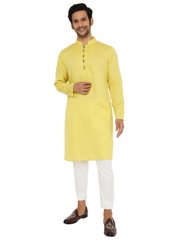 LIME GREEN COTTON ZARI KURTA WITH YOKE AND LUPI BUTTONS