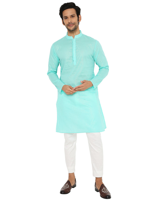MINT GREEN COTTON ZARI KURTA WITH POTLI BUTTONS