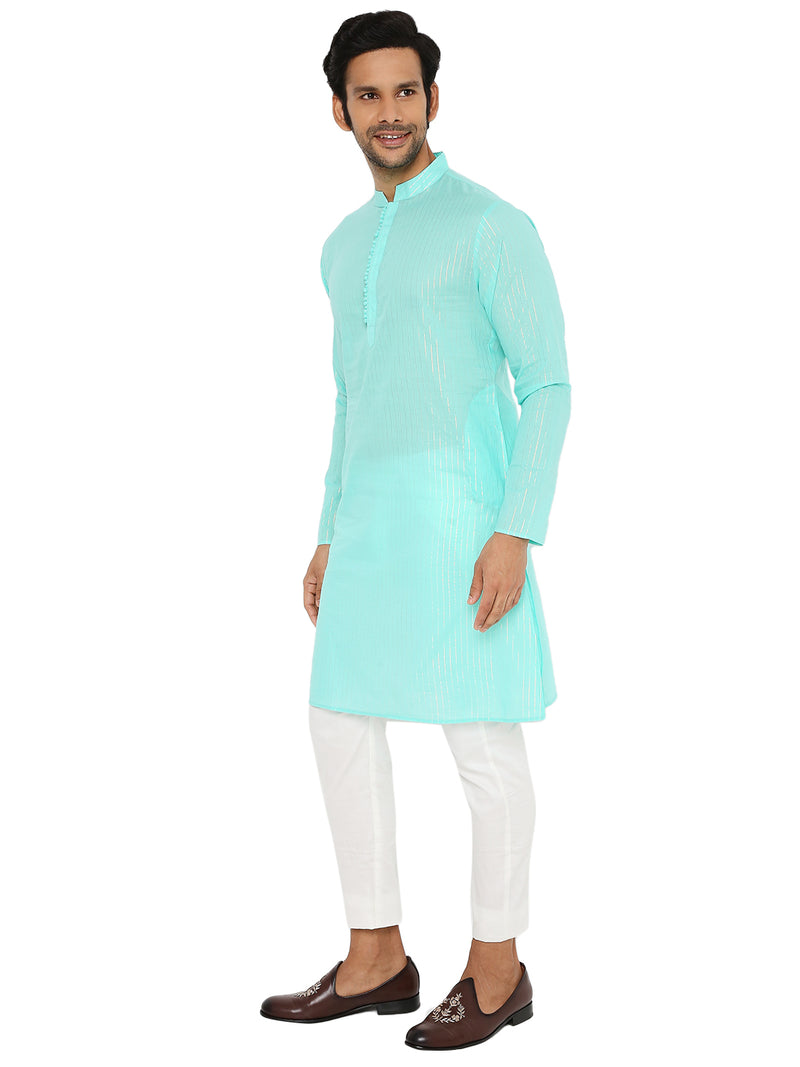 MINT GREEN COTTON ZARI KURTA WITH POTLI BUTTONS