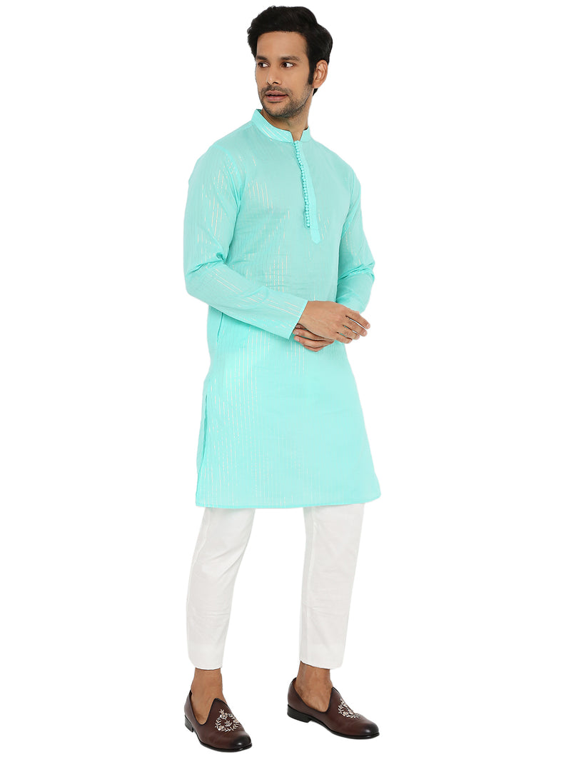 MINT GREEN COTTON ZARI KURTA WITH POTLI BUTTONS