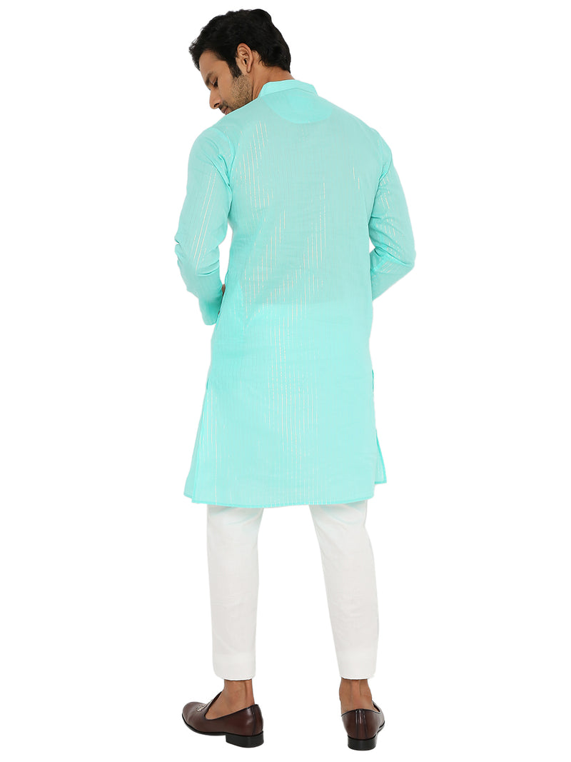 MINT GREEN COTTON ZARI KURTA WITH POTLI BUTTONS