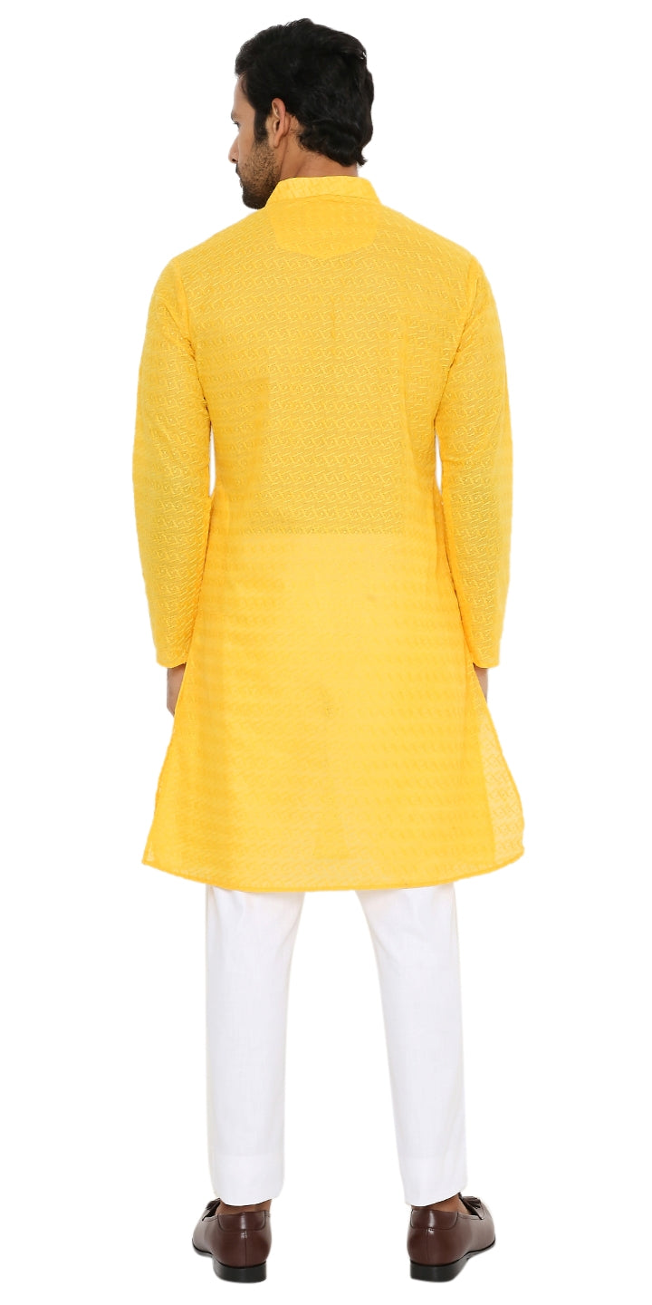 HALDI YELLOW KURTA WITH BOX LEAF EMBRIODERY DESIGN