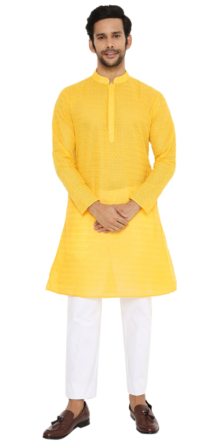 HALDI YELLOW KURTA WITH BOX LEAF EMBRIODERY DESIGN