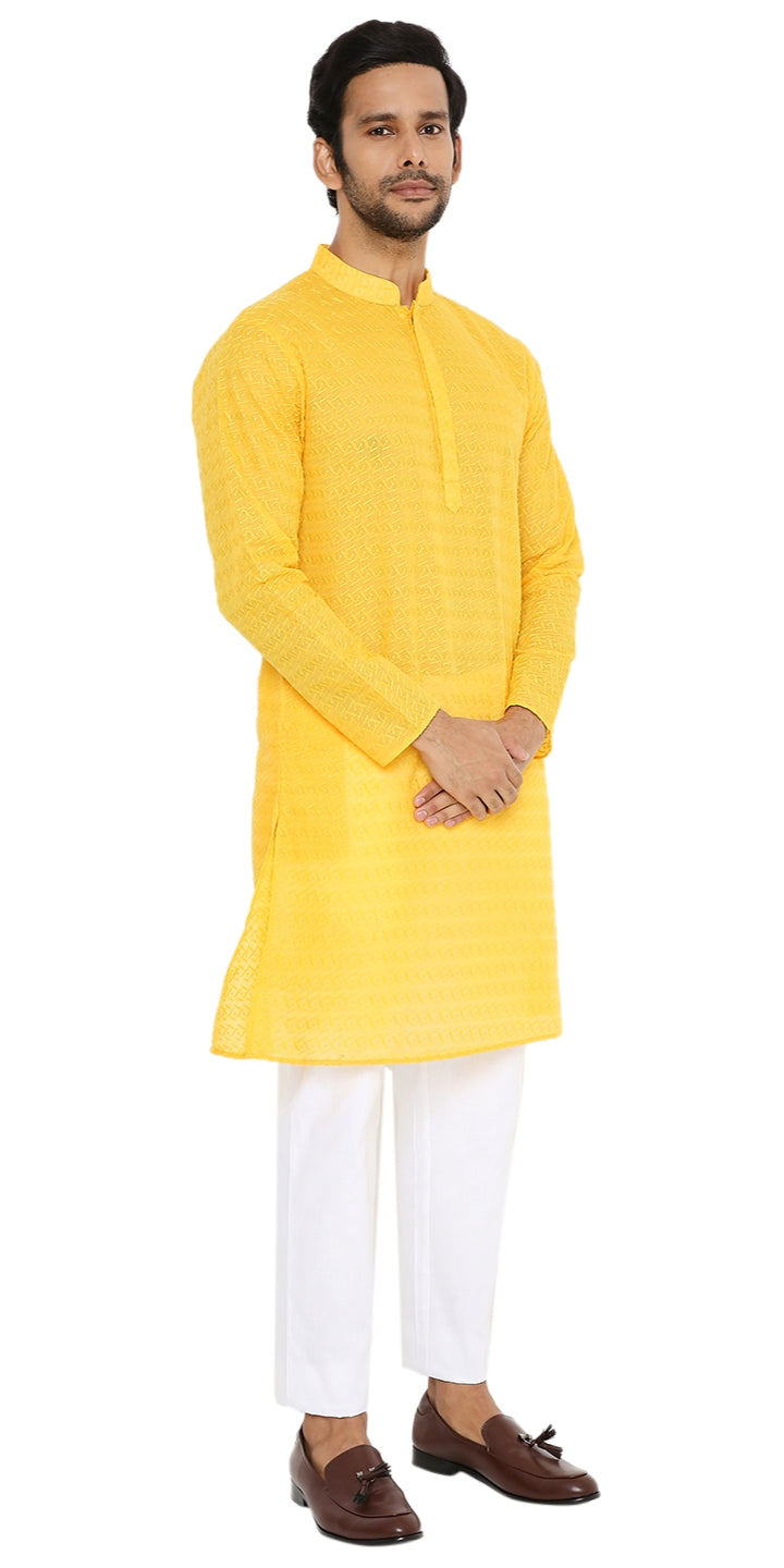 HALDI YELLOW KURTA WITH BOX LEAF EMBRIODERY DESIGN