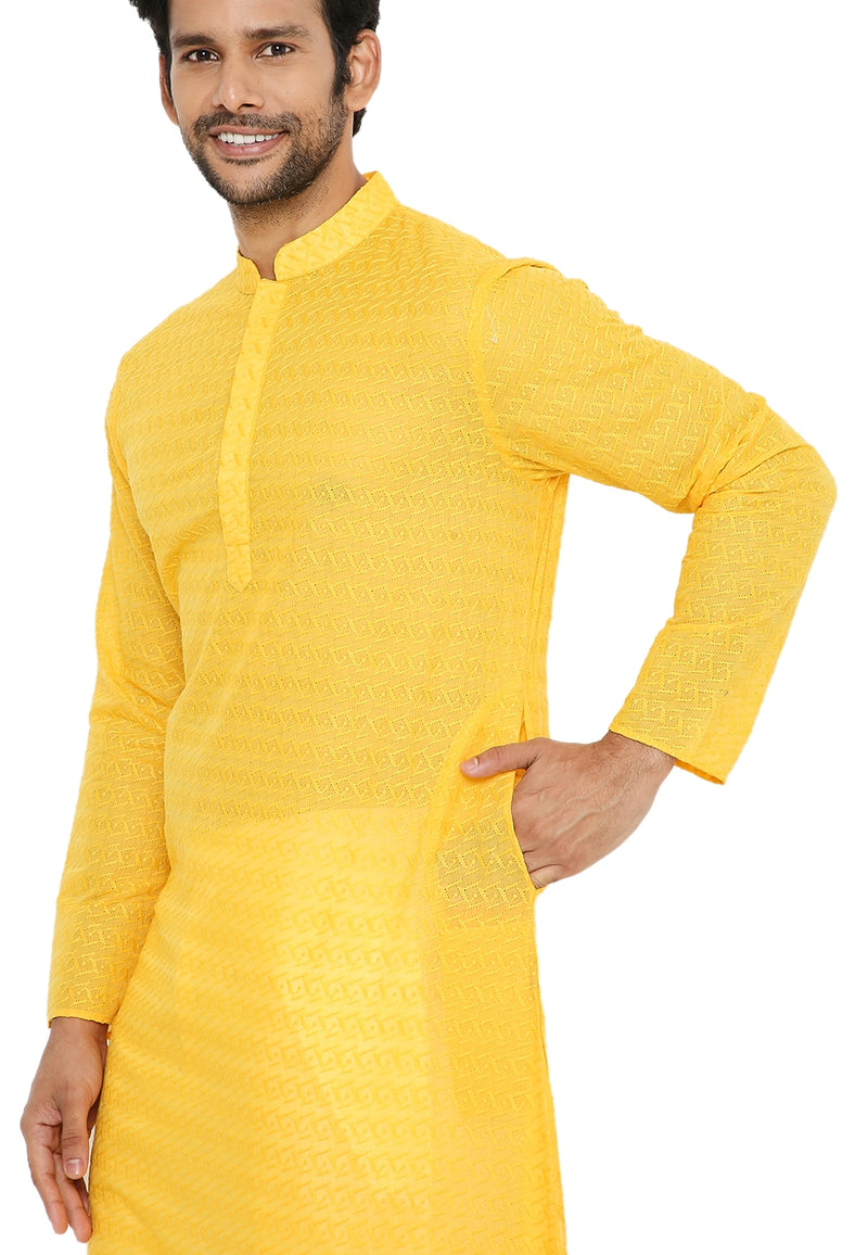 HALDI YELLOW KURTA WITH BOX LEAF EMBRIODERY DESIGN