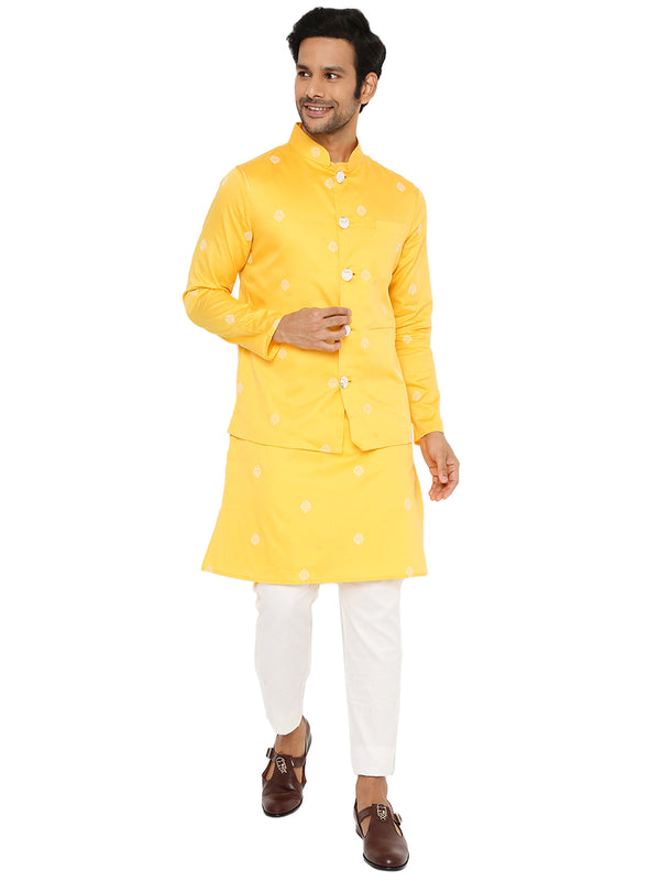DUSHERI YELLOW SATIN EMBRIODERED KURTA BANDI SET WITH NECK DETAILING
