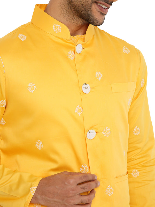 DUSHERI YELLOW SATIN EMBRIODERED KURTA BANDI SET WITH NECK DETAILING