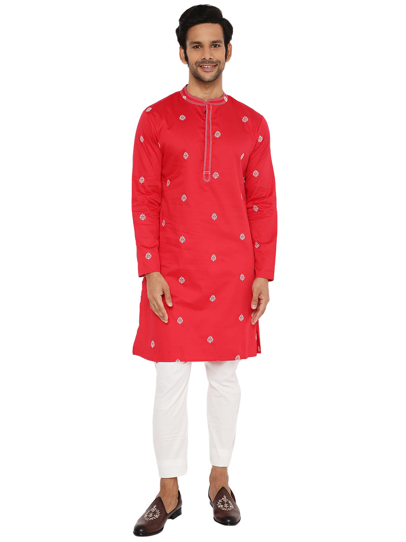 OXBLOOD RED SATIN EMBRIODERED KURTA BANDI SET