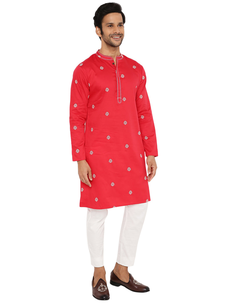 OXBLOOD PINK SATIN EMBRIODERED KURTA WITH NECK DETAILING