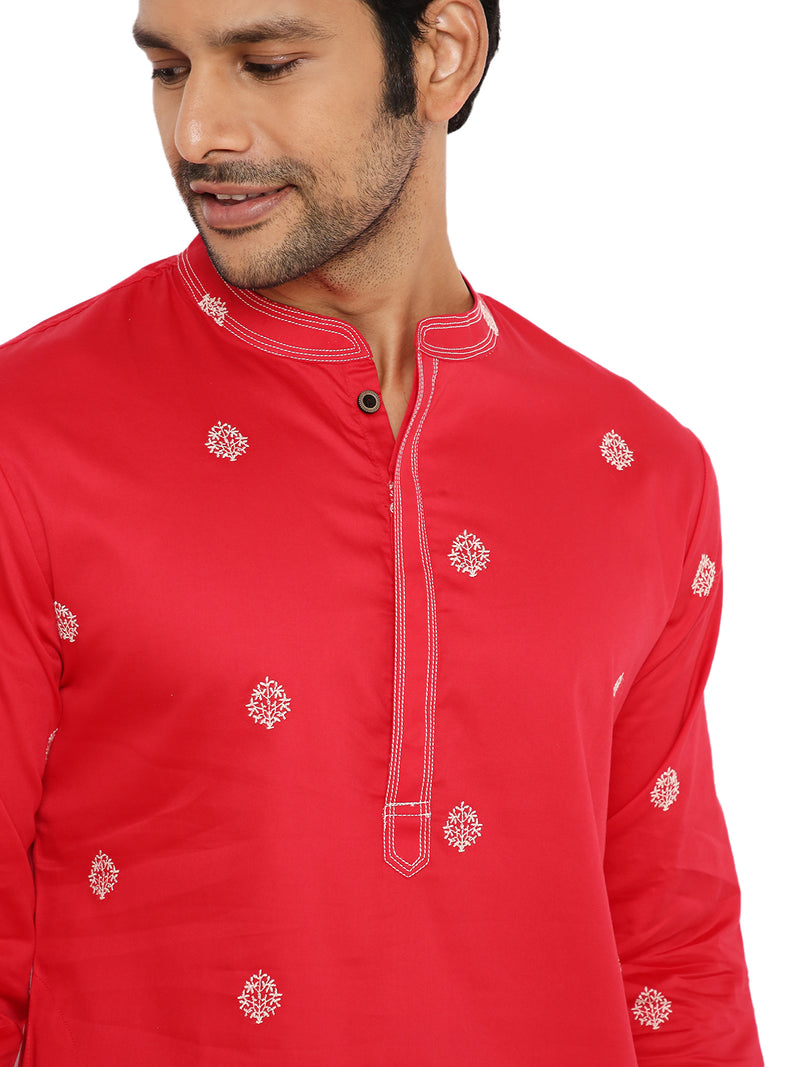 OXBLOOD PINK SATIN EMBRIODERED KURTA WITH NECK DETAILING