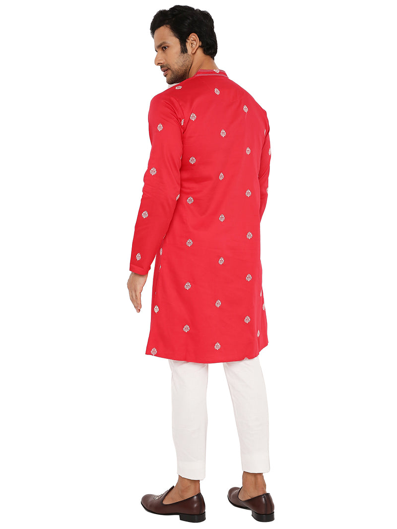 OXBLOOD PINK SATIN EMBRIODERED KURTA WITH NECK DETAILING