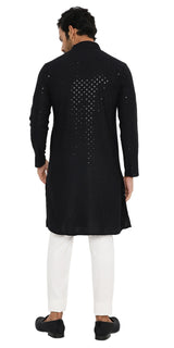 Be Desi Men's black embroidery kurta wih sequins design back view