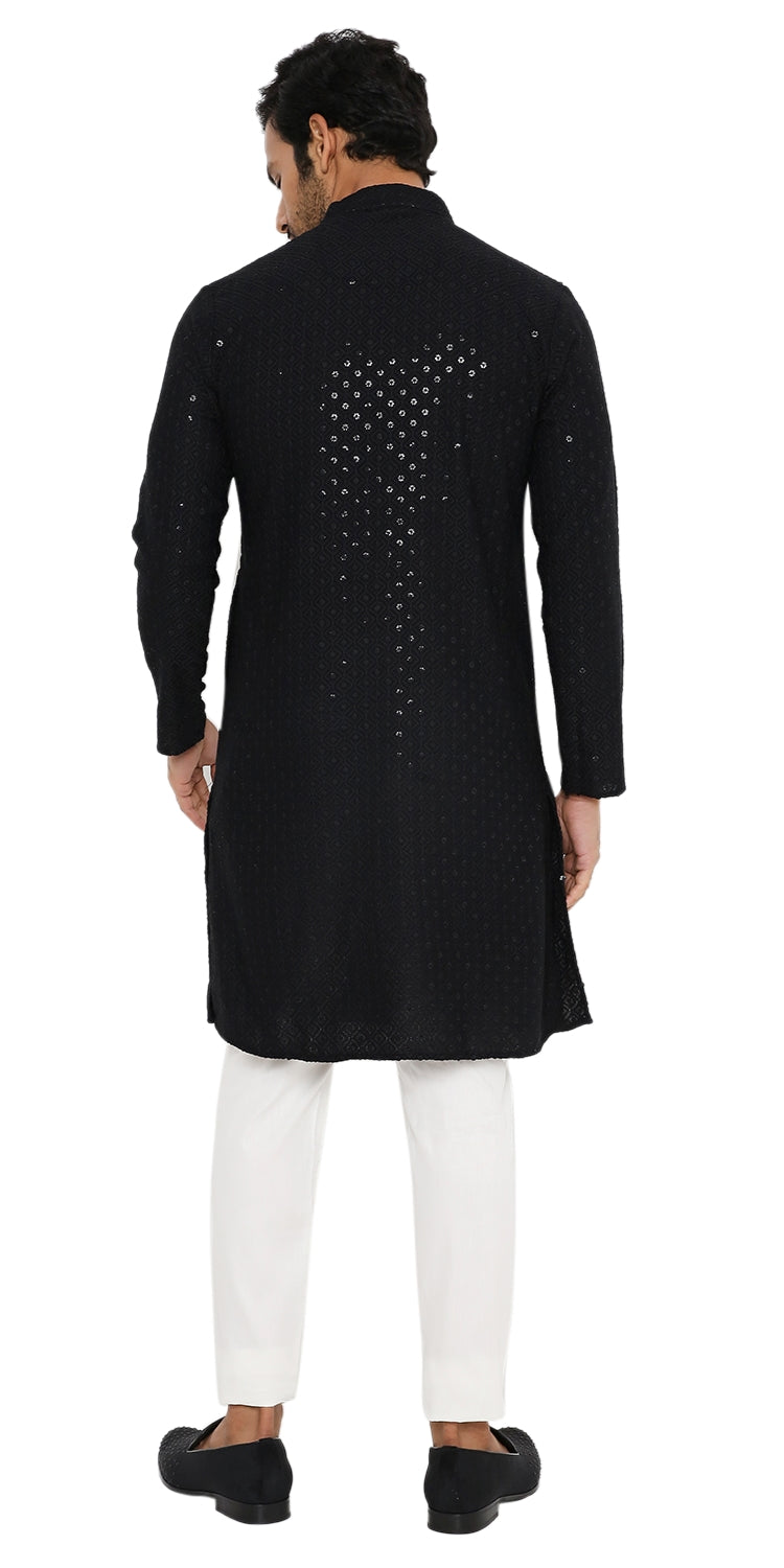 Be Desi Men's black embroidery kurta wih sequins design back view