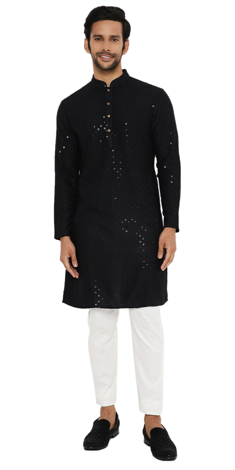 Be Desi Men's black designer kurta with embroidery front view