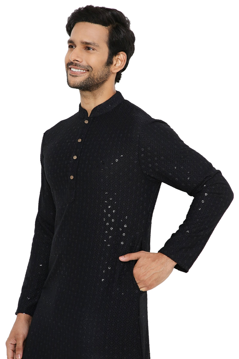 Be Desi Men's black chikan kurta with sequins embroidery