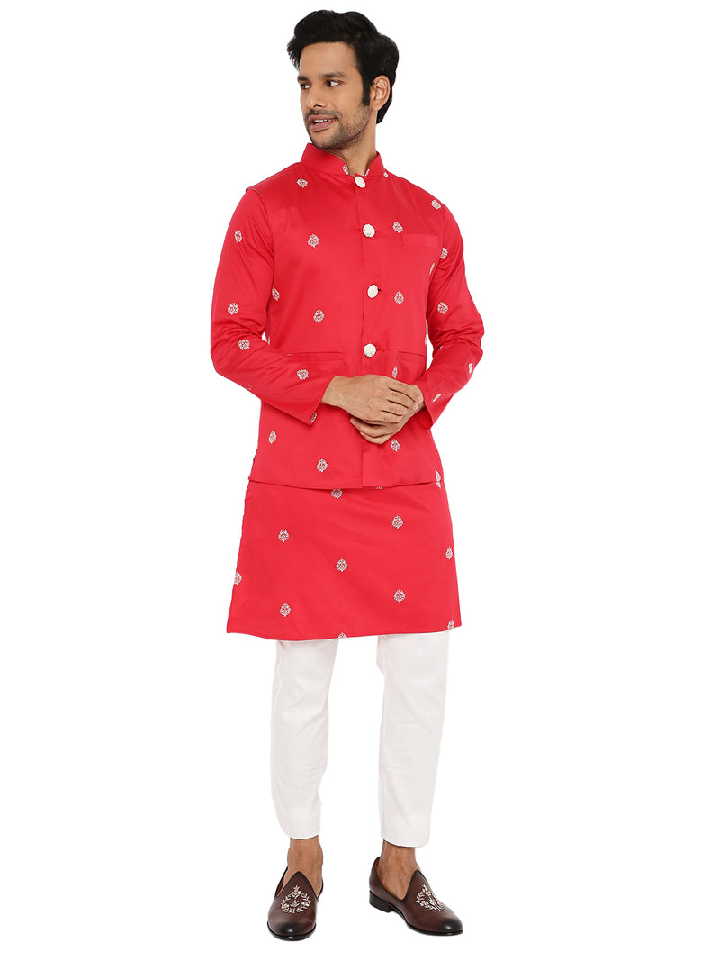 OXBLOOD RED SATIN EMBRIODERED KURTA BANDI SET