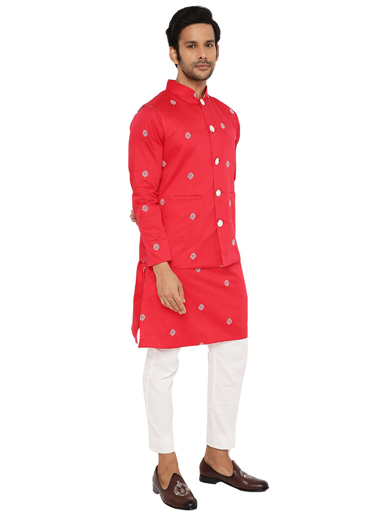 OXBLOOD RED SATIN EMBRIODERED KURTA BANDI SET