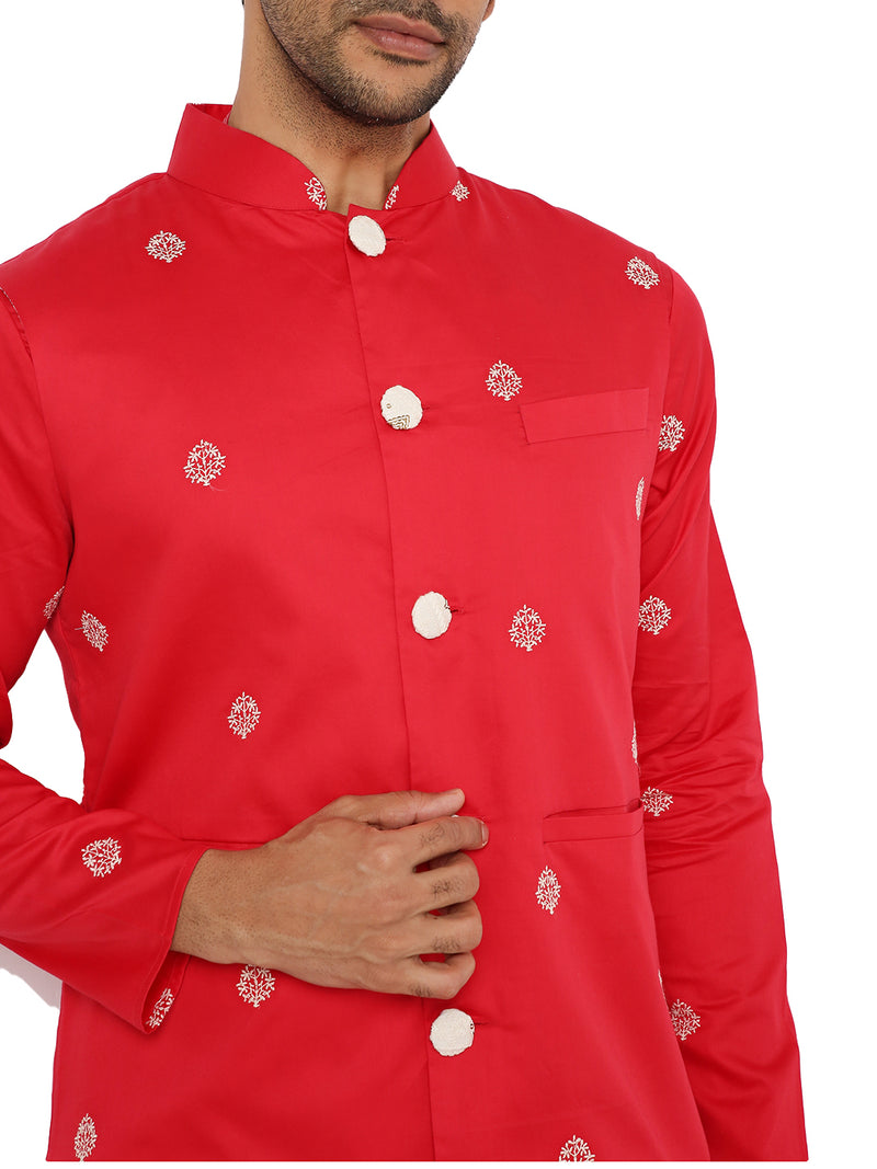OXBLOOD RED SATIN EMBRIODERED KURTA BANDI SET