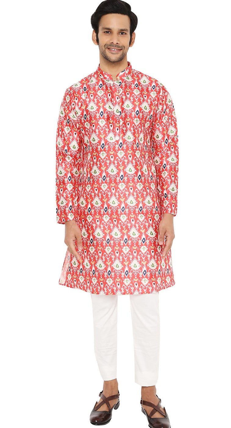 BE DESI RED PATAN PATOLA PRINTED SILK REGULAR FIT LONG KURTA PYJAMA SET