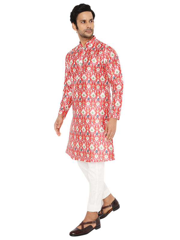 BE DESI RED PATAN PATOLA PRINTED SILK REGULAR FIT LONG KURTA PYJAMA SET