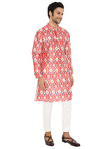 BE DESI RED PATAN PATOLA PRINTED SILK REGULAR FIT LONG KURTA PYJAMA SET