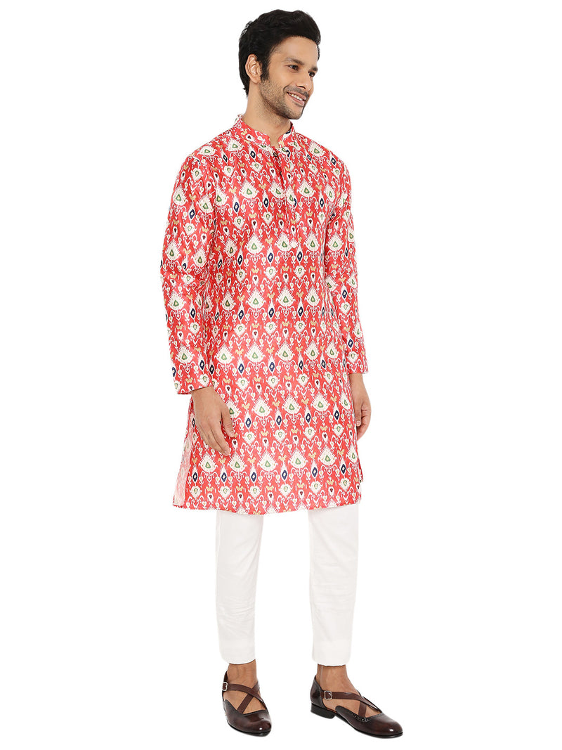 BE DESI RED PATAN PATOLA PRINTED SILK REGULAR FIT LONG KURTA PYJAMA SET