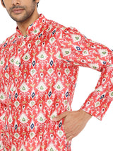 BE DESI RED PATAN PATOLA PRINTED SILK REGULAR FIT LONG KURTA PYJAMA SET
