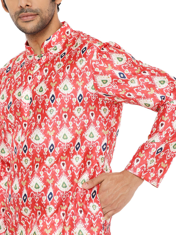 BE DESI RED PATAN PATOLA PRINTED SILK REGULAR FIT LONG KURTA PYJAMA SET