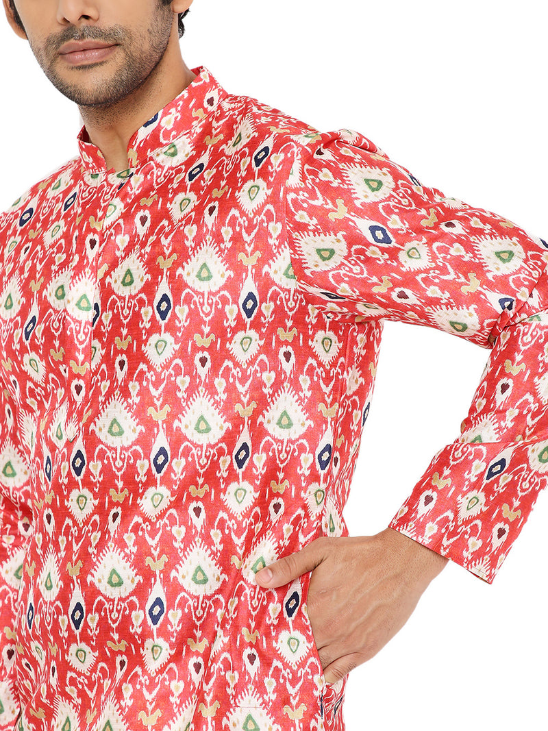 BE DESI RED PATAN PATOLA PRINTED SILK REGULAR FIT LONG KURTA PYJAMA SET