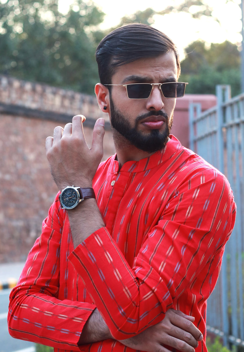 BE DESI MEN COTTON STRIPE REGULAR FIT RED LONG KURTA