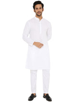 MEN WHITE CHIKANKARI KURTA  PYJAMA SET WITH CHEVRON THREAD EMBROIDERY