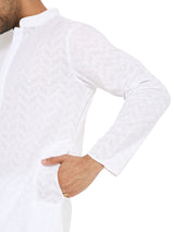 MEN WHITE CHIKANKARI KURTA  PYJAMA SET WITH CHEVRON THREAD EMBROIDERY