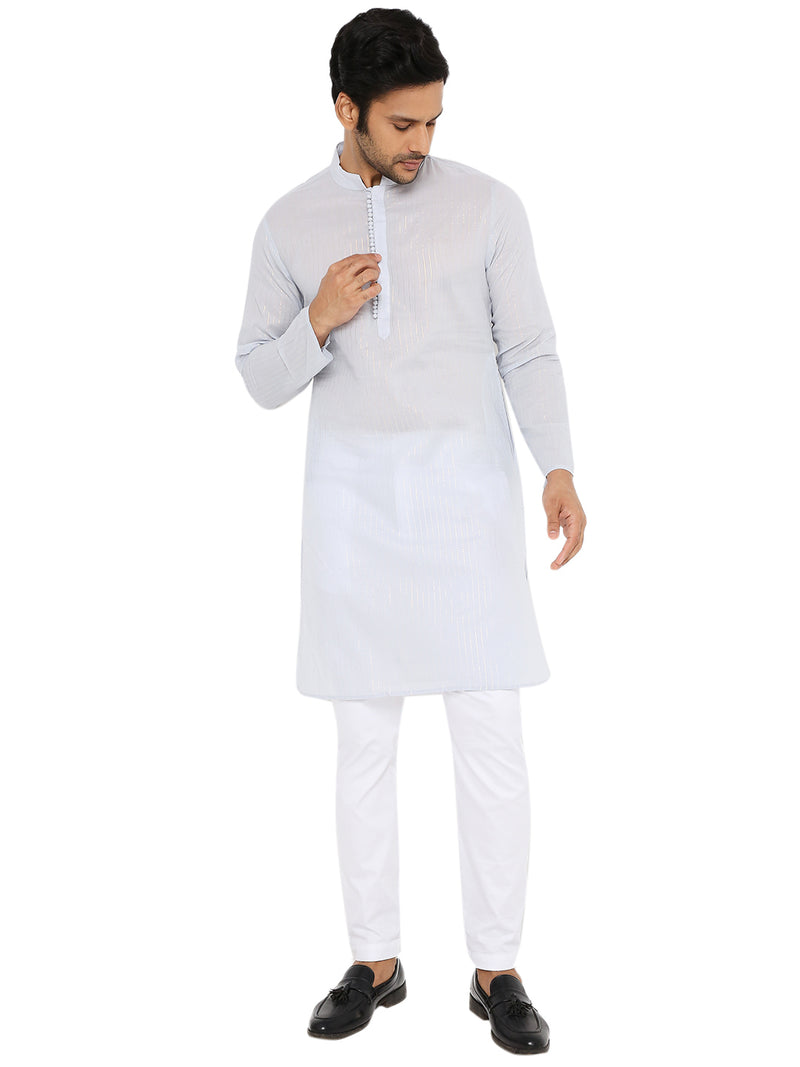 LIGHT GREY COTTON ZARI KURTA WITH POTLI BUTTONS