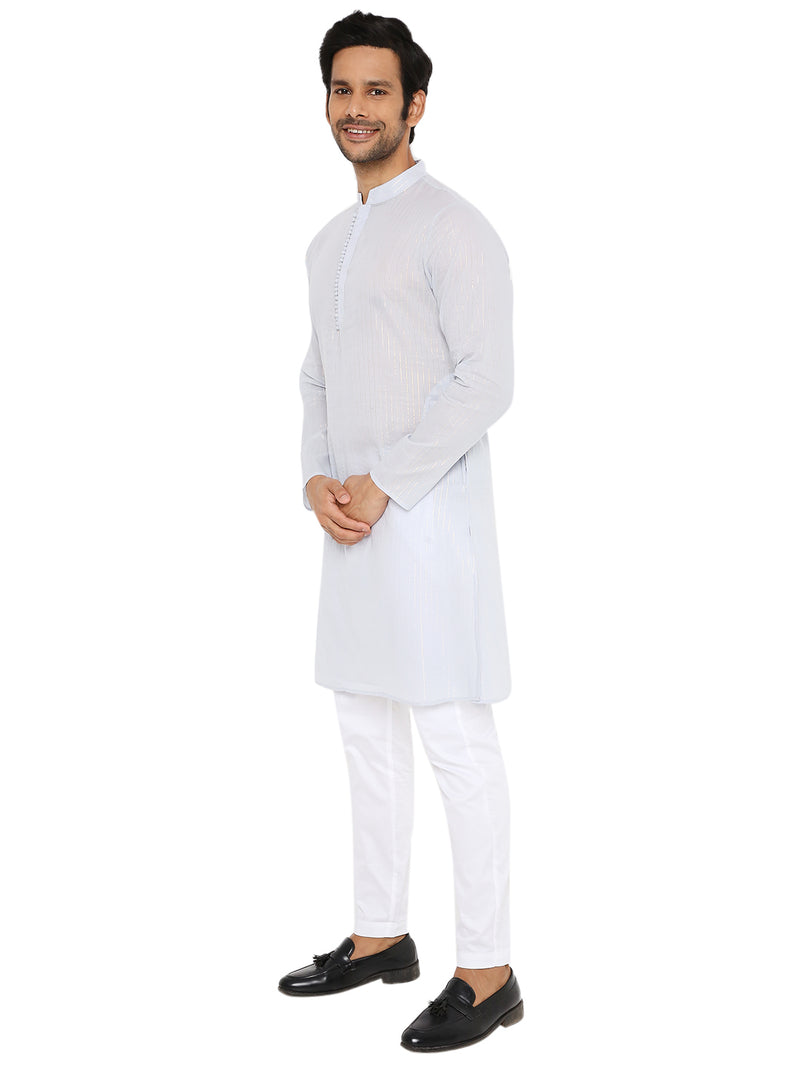 LIGHT GREY COTTON ZARI KURTA WITH POTLI BUTTONS