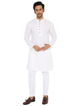 WHITE BEIGE ABSTRACT LINES KURTA WITH YOKE AND LUPI DESIGN