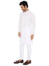 WHITE BEIGE ABSTRACT LINES KURTA WITH YOKE AND LUPI DESIGN