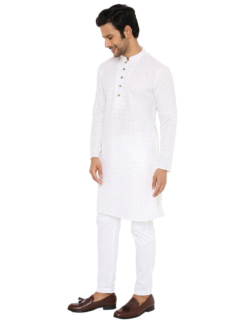 WHITE BEIGE ABSTRACT LINES KURTA WITH YOKE AND LUPI DESIGN