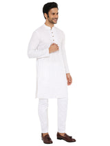 WHITE BEIGE ABSTRACT LINES KURTA WITH YOKE AND LUPI DESIGN