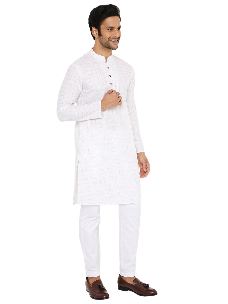 WHITE BEIGE ABSTRACT LINES KURTA WITH YOKE AND LUPI DESIGN