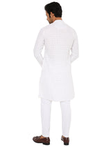 WHITE BEIGE ABSTRACT LINES KURTA WITH YOKE AND LUPI DESIGN