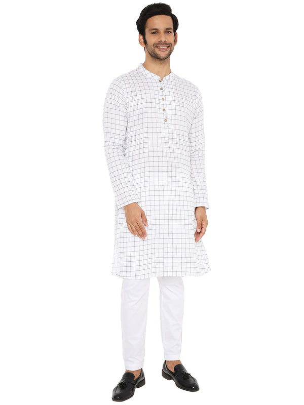 WHITE BLUE CHECKERED KURTA WITH FRONT YOKE AND LUPI BUTTON