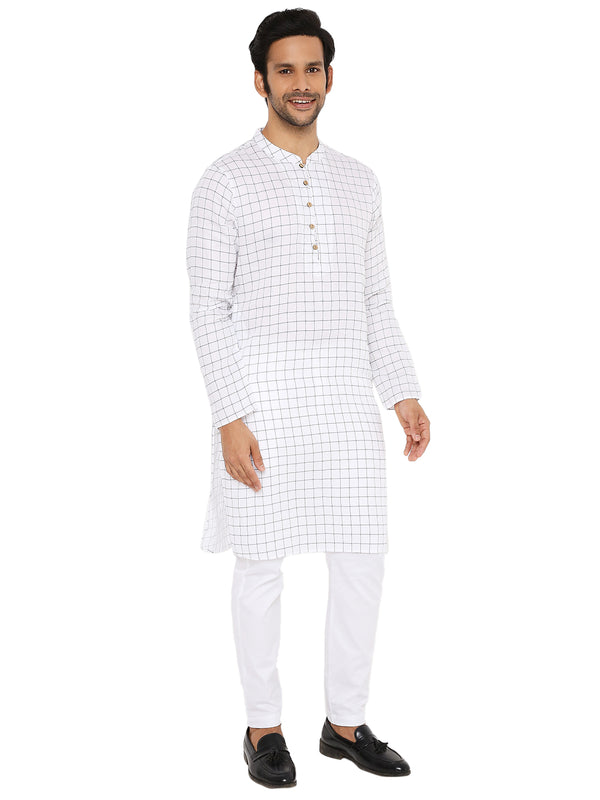 WHITE BLUE CHECKERED KURTA WITH FRONT YOKE AND LUPI BUTTON