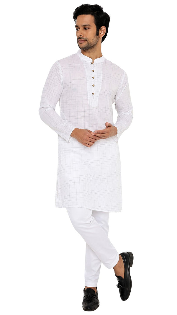 WHITE KHADI KURTA WITH YOKE AND LUPI DESIGN