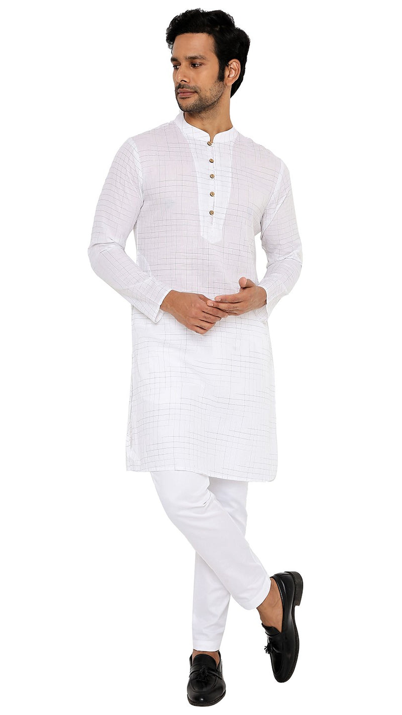 WHITE KHADI KURTA WITH YOKE AND LUPI DESIGN